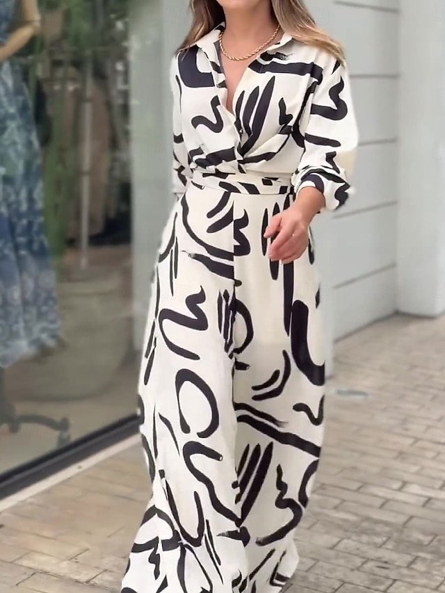 Stylish Loose Geometric Shirt Collar Long Sleeve Belted Jumpsuit - Image 2