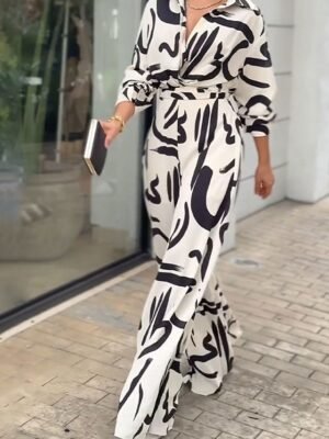 Stylish Loose Geometric Shirt Collar Long Sleeve Belted Jumpsuit - Image 3