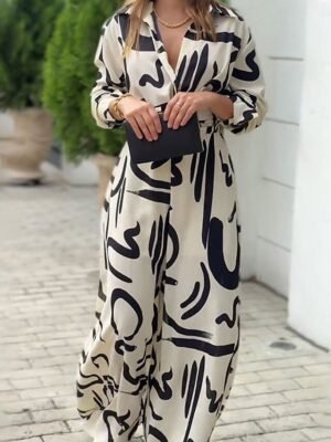 Stylish Loose Geometric Shirt Collar Long Sleeve Belted Jumpsuit - Image 4