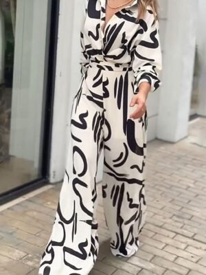 Stylish Loose Geometric Shirt Collar Long Sleeve Belted Jumpsuit - Image 5