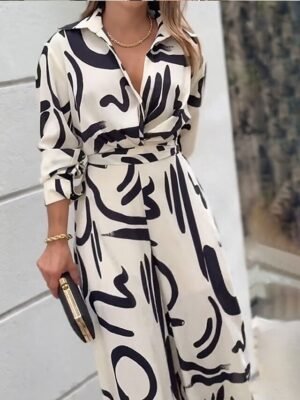 Stylish Loose Geometric Shirt Collar Long Sleeve Belted Jumpsuit - Image 6