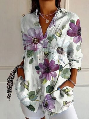Stylish Loose Graphic Shirt Collar 3/4 Sleeve Regular Blouse - Image 1