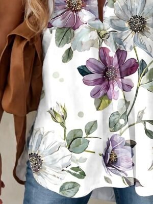 Stylish Loose Graphic Shirt Collar 3/4 Sleeve Regular Blouse - Image 7