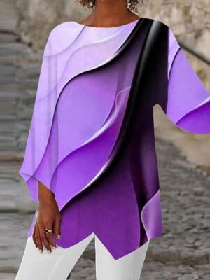 Stylish Loose Ombre Round Neck Long Sleeve Asymmetric Hem Tunic - Image 1