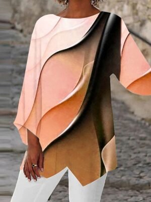 Stylish Loose Ombre Round Neck Long Sleeve Asymmetric Hem Tunic - Image 10