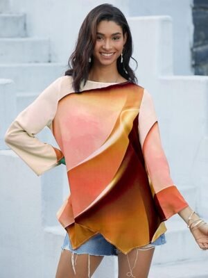 Stylish Loose Ombre Round Neck Long Sleeve Asymmetric Hem Tunic - Image 11