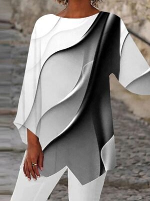 Stylish Loose Ombre Round Neck Long Sleeve Asymmetric Hem Tunic - Image 12