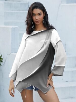 Stylish Loose Ombre Round Neck Long Sleeve Asymmetric Hem Tunic - Image 13