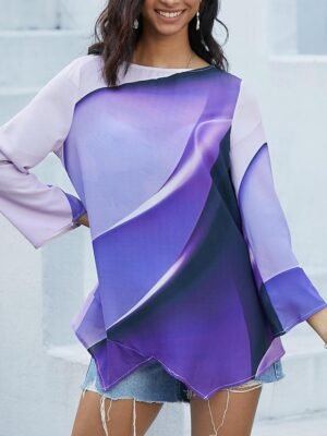Stylish Loose Ombre Round Neck Long Sleeve Asymmetric Hem Tunic - Image 2