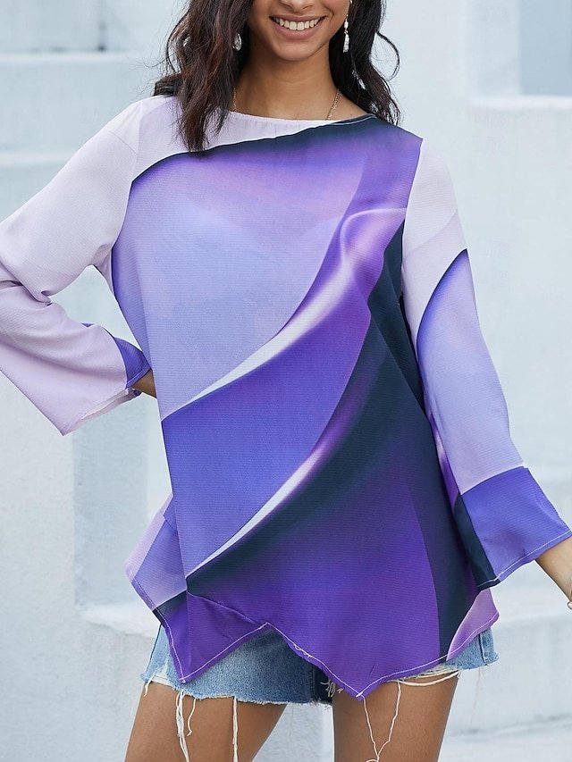 Stylish Loose Ombre Round Neck Long Sleeve Asymmetric Hem Tunic - Image 2