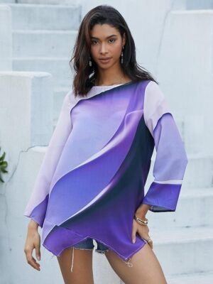 Stylish Loose Ombre Round Neck Long Sleeve Asymmetric Hem Tunic - Image 3