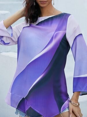 Stylish Loose Ombre Round Neck Long Sleeve Asymmetric Hem Tunic - Image 4