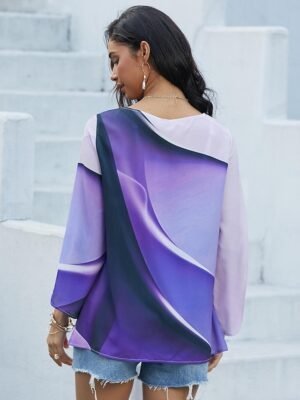 Stylish Loose Ombre Round Neck Long Sleeve Asymmetric Hem Tunic - Image 5