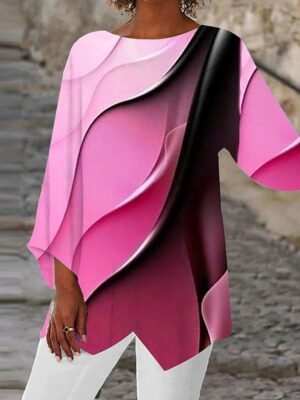 Stylish Loose Ombre Round Neck Long Sleeve Asymmetric Hem Tunic - Image 6