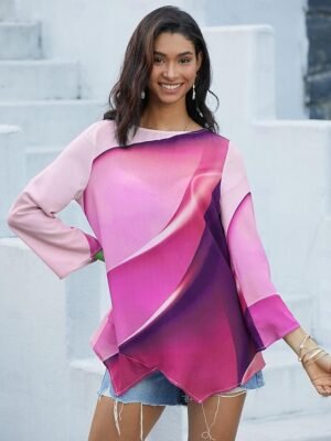 Stylish Loose Ombre Round Neck Long Sleeve Asymmetric Hem Tunic - Image 7
