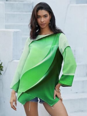 Stylish Loose Ombre Round Neck Long Sleeve Asymmetric Hem Tunic - Image 9