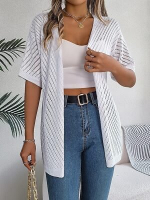 Stylish Loose Pure Cable Open Front Drop Shoulder Long Cardigan - Image 3