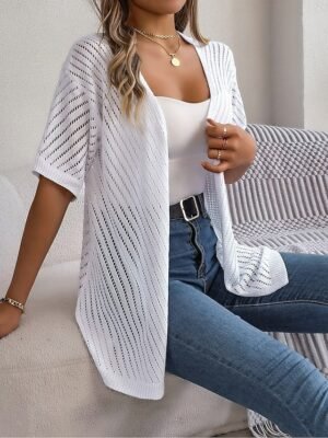 Stylish Loose Pure Cable Open Front Drop Shoulder Long Cardigan - Image 4
