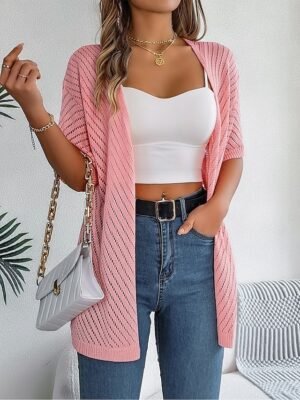 Stylish Loose Pure Cable Open Front Drop Shoulder Long Cardigan - Image 8
