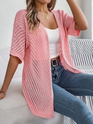 Stylish Loose Pure Cable Open Front Drop Shoulder Long Cardigan - Image 9