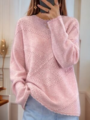 Stylish Loose Pure Colour Crew Neck Long Sleeve Jumper - Image 3