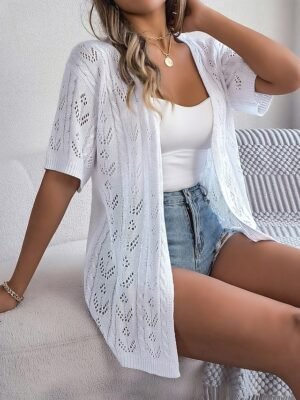 Stylish Loose Pure Colour Open Front Drop Shoulder Short Sleeve Long Cardigan - Image 1