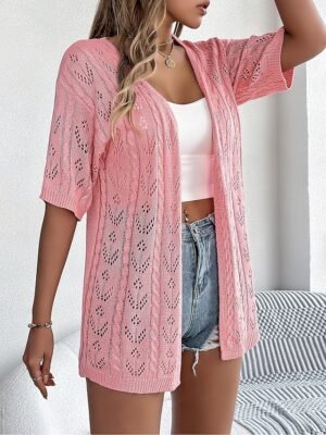 Stylish Loose Pure Colour Open Front Drop Shoulder Short Sleeve Long Cardigan - Image 10
