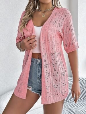 Stylish Loose Pure Colour Open Front Drop Shoulder Short Sleeve Long Cardigan - Image 11