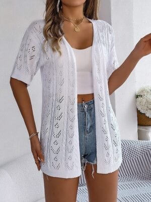 Stylish Loose Pure Colour Open Front Drop Shoulder Short Sleeve Long Cardigan - Image 3