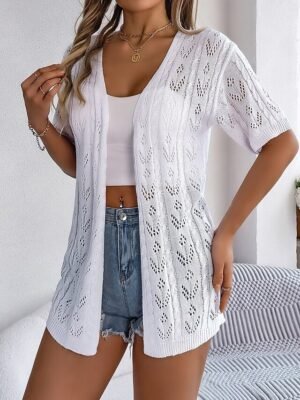 Stylish Loose Pure Colour Open Front Drop Shoulder Short Sleeve Long Cardigan - Image 5