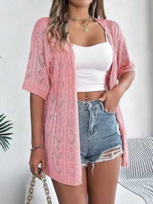 Stylish Loose Pure Colour Open Front Drop Shoulder Short Sleeve Long Cardigan - Image 7