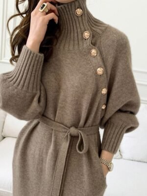 Stylish Loose Pure Colour Turtleneck Long Sleeve Knee Length Sweater Dress - Image 3