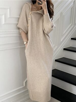 Stylish Loose Pure Colour Turtleneck Long Sleeve Knee Length Sweater Dress - Image 4
