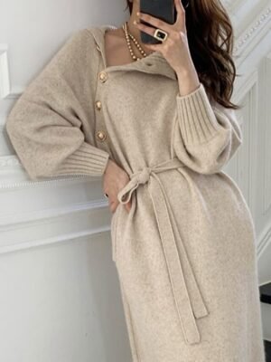 Stylish Loose Pure Colour Turtleneck Long Sleeve Knee Length Sweater Dress - Image 5