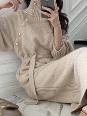 Stylish Loose Pure Colour Turtleneck Long Sleeve Knee Length Sweater Dress - Image 6