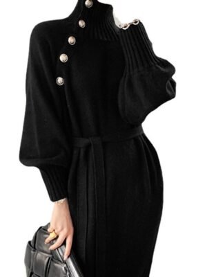 Stylish Loose Pure Colour Turtleneck Long Sleeve Knee Length Sweater Dress - Image 7