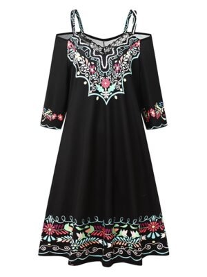 Stylish Loose Pure Colour V Neck 3/4 Sleeve Mini Dress - Image 2