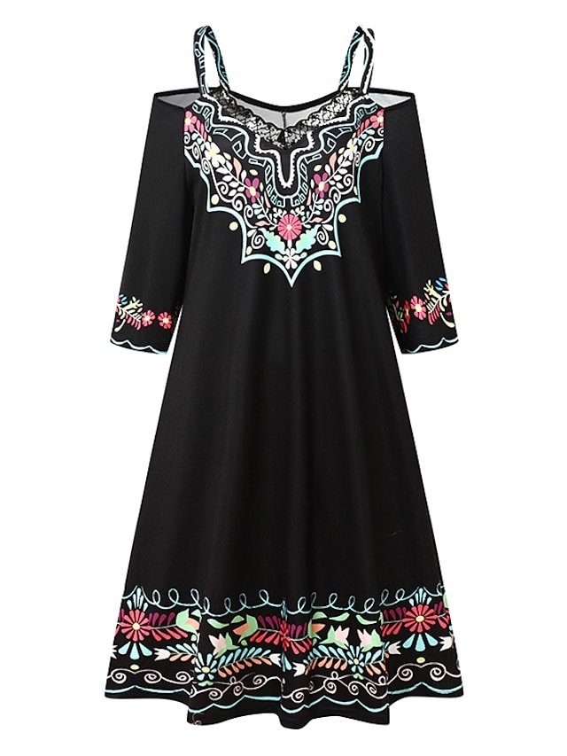 Stylish Loose Pure Colour V Neck 3/4 Sleeve Mini Dress - Image 2