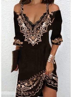 Stylish Loose Pure Colour V Neck 3/4 Sleeve Mini Dress - Image 9