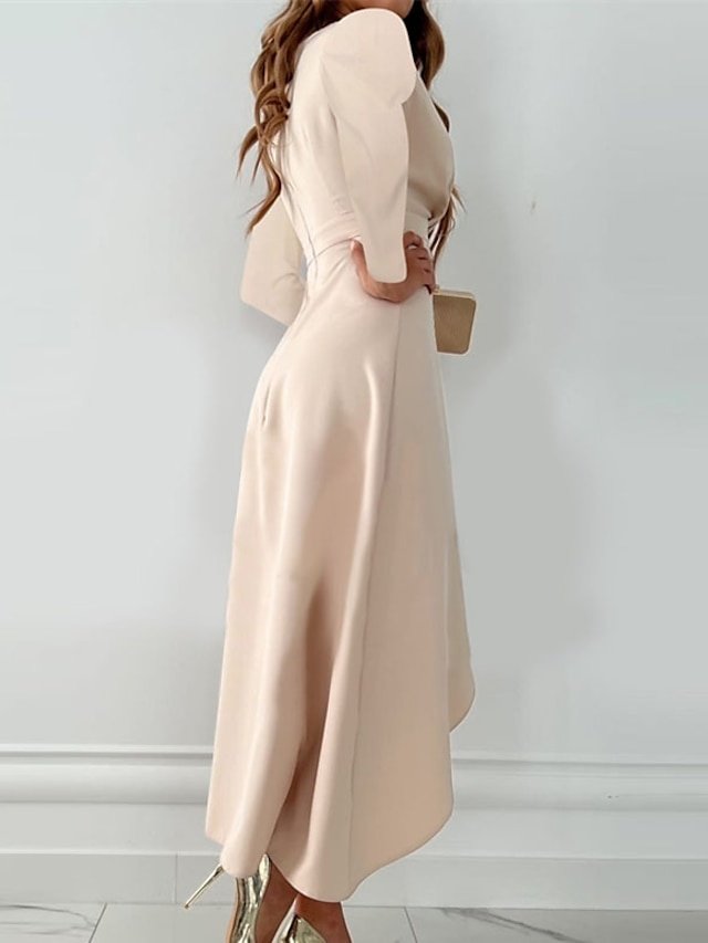 Stylish Loose Pure Colour V Neck Long Sleeve Midi Dress - Image 2