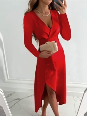 Stylish Loose Pure Colour V Neck Long Sleeve Midi Dress - Image 5