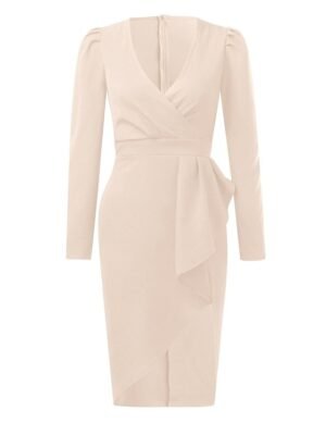 Stylish Loose Pure Colour V Neck Long Sleeve Midi Dress - Image 9