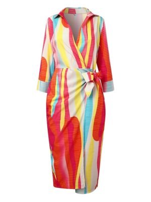 Stylish Loose Rainbow Patchwork Shirt Collar Long Sleeve Maxi Dress - Image 3