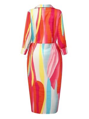 Stylish Loose Rainbow Patchwork Shirt Collar Long Sleeve Maxi Dress - Image 4