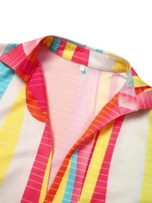 Stylish Loose Rainbow Patchwork Shirt Collar Long Sleeve Maxi Dress - Image 5