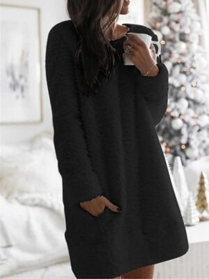 Stylish Loose Solid Crew Neck Long Sleeve Knit Sweater Dress - Image 3