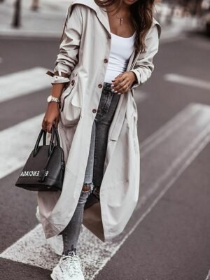 Stylish Loose Solid Long Sleeve Long Trench Coat - Image 1
