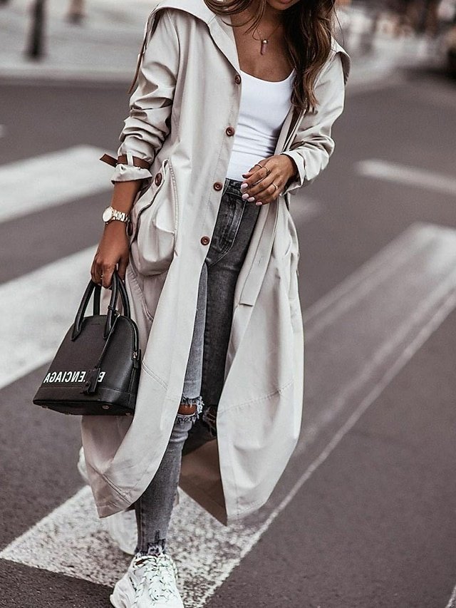 Stylish Loose Solid Long Sleeve Long Trench Coat - Image 1