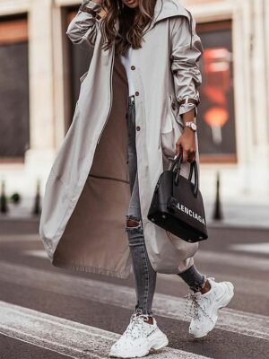 Stylish Loose Solid Long Sleeve Long Trench Coat - Image 3