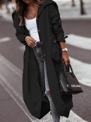 Stylish Loose Solid Long Sleeve Long Trench Coat - Image 4